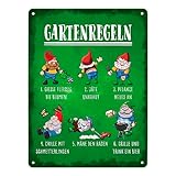 Gartenregeln Metallschild XL in 21x28 cm mit lustigen Gartenzwergen als schöne Gartendekoration für Terrasse und Garten um deinen Gästen ein Lächeln ins Gesicht zu zaubern grüner
