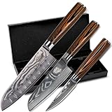 Wolfblood 3er Santoku Damastmesser-Set (30, 24 und 20cm) Profi Damast-Küchenmesser Set aus echtem 67 Lagen Damaststahl I Damastmesser Set mit Santokumesser, Office Messer, Geschenkbox & Klingenschutz