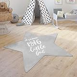 Paco Home Kinderteppich Teppich Kinderzimmer Spielmatte Babymatte rutschfest Modern Sterne Schriftzug, Grösse:80 cm Stern-Form, Farbe:Grau