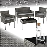tectake® Rattan Gartenmöbel Set, Outdoor Lounge Möbel,1x Gartenbank, 2X Stuhl, 1x Balkontisch, mit Outdoor Kissen wetterfest, Balkonmöbel Kleiner Balkon, Lounge Gartenmöbel, Terrassenmöbel - grau