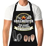 XCSJKJ Grillschürze für Männer Kochschürze Herren Schürze Lustig, mit 4 Taschen GrillSchürze für Männer küchenschürze Herren Personalisiert Schürze - GRILLMEISTER (Klassischer Stil – 4 Taschen)