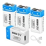 FLSTOR 9V Akku,1300mAh Wiederaufladbare 9 Volts Li-Ion Block Batterie für Musikinstrumente, Heim-Elektronik, Sicherheit und Sicherheitseinrichtungen, Kameras, Spielzeug und mehr, mit Kabel, 4 Stück