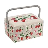 Hobby Gift Exclusive Mittelgroße Nähhandwerk-Bastel-Aufbewahrungsbox, Zubehörablage, Nadelkissen, Tasche, PVC-Griff, bestickter Deckel, 18,5 x 25,5 x 14,5 cm, Bestickte Erdbeeren