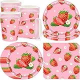 pekifaves Erdbeere Partygeschirr Set, Erdbeer Party Geschirr für 16 Gäste, Rosa Einwegpapier Pappteller Tassen Servietten, Kindergeburtstag Sommer Obst Deko Geburtstag für Mädchen, Baby Shower