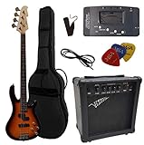 ELEKTROBASS - SET - SUNBURST - E-BASS - GIGBAG-TASCHE - GURT - VERSTÄRKER 45 WATT - STIMMGERÄT - 3x PLEKTREN - KABEL - VISION SOUND GITARRE - LONG SCALE - JB8SB