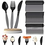 FIHODONE 120 Stück Plastikbesteck Eindicken, Partybesteck Enthalten 50Messer 50Kuchengabeln 20Löffel, Party Besteck Schwarz Party Zubehör,Party Besteck für Familienfeiern Outdoor Dinner