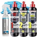 detailmate Menzerna Auto Polituren Set: Menzerna: Heavy Cut Compound 1000 + Medium Cut Polish 2500 + Super Finish 3500 + Koch Chemie AllroundQuickShine 140ml Mikrofasertuch 550GSM