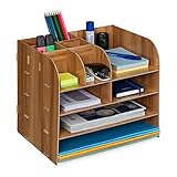 Relaxdays Schreibtisch Organizer mit Dokumentenablage, 10 Fächer, HBT: 27,5 x 32,5 x 25 cm, Büroorganizer, dunkelbraun