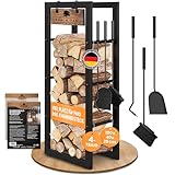 BLACK OAK Kaminholzregal LOGAN 100x40x25cm mit Kaminbesteck - Regal schwarz für innen & außen bis 250kg Holz - mit Kehrbesen Schürhaken & Ascheschaufel Metall Stahl Rahmen pulverbeschichtet rostfrei
