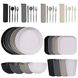 Sagiterra Camping Teller, Picknick Geschirr Sets 4 personen, Camping Zubehör aus Kunststoff für Party, Zuhause, Picknick, leichtes, mikrowellen- und spülmaschinenfestes (1, Black&Gery&White-36PCS)