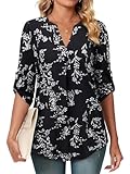 Siddhe Schwarz Bluse Damen 3/4 Arm, Damen Tunika Top Elegant Lang Bluse Schicke Longbluse Damen Oberteile für Festliche Frühling Sommer Shirtblusen Tunikashirt Lange Shirt Oberteile, Blumen L