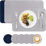 Homwiz Tischset Abwaschbar 6er Set, Doppelseitigen Tischsets Platzsets Abwaschbar, Platzdeckchen mit Untersetzer, Tischset Leder Optik, Platzset Leder Optik, Tischuntersetzer (Hellgrau+Dunkelblau)