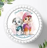 Tortenaufleger Tortenbild Paw Patrol Motiv für Jungen u. Mädchen zum Geburtstag, Personalisiert mit oder ohne Wunschname, Essbares Foto für Torten, Deko aus Fondant, Ø 20cm - 2227z