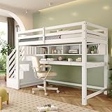 Merax Kinderbett Hochbett 90x200 cm, mit Treppe Staufach Stauraum, Schreibtisch und Bücherregal, Platzsparendes Kinder Etagenbett mit Lattenrost und Rausfallschutz, Ohne Matratze, Weiß/252×95×150cm
