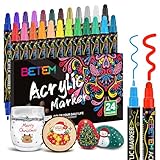 Betem 24 Farben Acrylstifte mit Doppelspitze, Hochwertige Acrylmarker für Stein, Holz, Leinwand, Felsmalerei, Glas, Keramik Wasserfest, Christmas Acrylstifte Set für Basteln Kunstbedarf