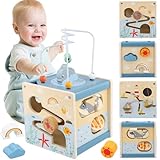 Ecofocet Motorikwürfel ab 1 Jahr aus Holz – 6 in 1 Motorikspielzeug Baby Montessori Aktivitätswürfel, Lernspielzeug für Kinder, Motorikschleife & Steckspiel, Holzspielzeug Geschenk Mädchen Jungen