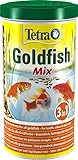 Tetra Pond Goldfish Fischfutter - 3in1 Mix mit Flocken, Sticks und Gammarus für alle Goldfische und Kaltwasserfische im Gartenteich, 1 L Dose