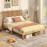 Giantex Rattan-Vollbettrahmen mit Rattan-Kopfteil, Boho-Massivholz-Plattformbett mit Holzlamellen, 30,5 cm großes Bettgestell mit Stauraum darunter, kein Boxspringbett erforderlich, Natur