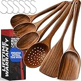 PriorityChef Premium-Holzlöffel zum Kochen, 6-teilig, glatte Oberfläche, Teakholz-Utensilien-Set mit Haken zum Aufhängen, hitzebeständig und antihaftbeschichtet, ideal zum Verschenken