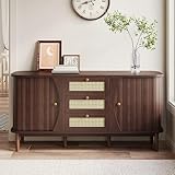 Merax Rattan Sideboard Kommode mit 3 Rattan Schubladen und 2 Schiebetüren, Sideboard Holz Küchenschrank Buffet mit verstellbaren Einlegeböden, gewölbter Platte Design, Walnuss/140.5x40x76cm