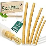 Miswak Zahnbürste [5 Stück] + Frischhalte-Dose - Optimal für Unterwegs - Premiumqualität Siwak Holzzahnbürste - Vegan - 100% natürliche Zahnbürste mit Mineralien für Gesunde Zähne und Mundpflege