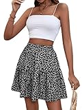 GORGLITTER Damen Boho Rock Geblümt Sommerkleid Rockabilly Kurz Röcke Strandrock Casual Shortrock Minirock Schwarz und Weiss L