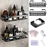 Duschablage Ohne Bohren, Duschregal Schwarz 2 Stück Duschkorb Aluminium Rostfrei Duschablage mit Seifenschale und 4 Klebeflächen Spurlos klebende Badezimmer Regal Duschorganisator für Bad Küche