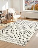 DEFYNEE Teppich Wohnzimmer 90x150 cm Eingangsteppich, Waschbarer Teppich Läufer, Kurzflor, rutschfest, Pflegeleicht, Vintage & Boho Rug für Hund, Flur, Küche, Korridor, Marineweiß/Schwarz