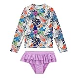 upandfast Madeanzüge für Mädchen Langärmlige 2-Teiliges Set Sonnenschutz-Surfbekleidung(Lila Blumen,3 Jahre)