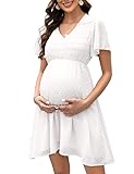 Clearlove Damen Schwangerschaftskleid aus Schweizer Pünktchen-Chiffon mit kurzen Ärmeln für den Sommer(Weiß,L)