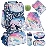 Familando Mädchen Schulranzen-Set Unicorn Einhorn Regenbogen, 8-teilig, ergonomischer Tornister mit Reflektoren, ab der 1. Klasse mit Federmappe und Sporttasche