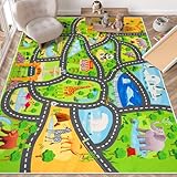 Auto-Teppiche für Kinder, Spielzeugautos, 200 x 150 cm, Tier-Straßenteppich für Kinder, rutschfester Zoo, Straßenkarte, Auto-Track-Teppich, waschbarer Kinderteppich, Spielmatte, Teppich für