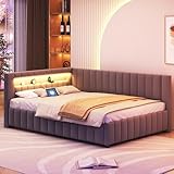 FEZTOY Polsterbett 140x200 mit LED und USB-Anschluss, Bettgestell mit Lattenrost,Tagesbett Schlafsofa Samtstoff Bettsofa Gästebett Jugendbett, ohne Matratze Grau