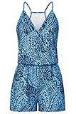 Loveternal Damen Jumpsuit Elegant Blau Blätter V Ausschnitt Ärmellos Schulterfrei Kurz Overall Sommer Strand Einteiler Playsuit mit Taschen, XL