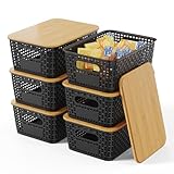 Shrivee 6er-Set Aufbewahrungsbox mit Bambus Deckel, 5L Aufbewahrungskorb, Kunststoff Korb Aufbewahrung, Küchen Aufbewahrungsboxen für Regale, Schränke, Schränke und Zuhause (Schwarz)