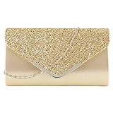 MEGAUK Damen Clutch Glitzer Elegant Abendtasche Glänzend Handtasche Envelope Tasche Strass Unterarmtasche mit Kette für Hochzeit Wedding Prom Party (Mode Gold)