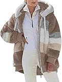Livonmone Fleecejacke Hoodie Damen Kapuzenpullover Teddy-Fleece Warm Herbst Wintermantel Stilvoller ReißVerschluss Fellmantel PlüSchjacke Mit Taschen (Braun, XL)