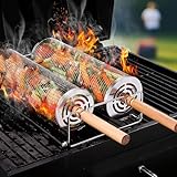 Vankarr Grillkorb Edelstahl 2 Stück Rund Grillkorb für Gemüse Garnelen Grillrolle Grill Gemüsekorb Nestendes Rollender grillkörbe Set mit Abnehmbarer Holzgriff