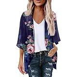 Strickjacken für Damen, Kimono, Cardigan, Strand, Bademode, Blumendruck, leicht, vorne offen, Chiffon, Kimonos, Puffärmel, locker, lässiger Sommer-Top, 05 Dunkelblau, 48
