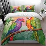 Bettwäsche 200X200 Grün Lila Vogel Mikrofaser bettwaren-Sets, 1 Bettbezüge + 2 Kissenbezüge 50x75cm,Herbst bettwäsche,mit Reißverschluss, Weich Warm und Bügelfrei