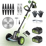 Rasentrimmer mit Akku, Gisam 8' Bürstenlose Freischneider mit 2x4.0AH Batterie, Trimmer Garten mit 3 Klingentypen, Abnehmbare Räder, Teleskopische Verstellung für Rasen Garten
