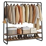 VASAGLE Kleiderständer, Garderobenständer, Garderobe, 2 Ablagen, 6 Haken in S-Form, Stahlgestell, 45 x 138 x 160 cm, für Schlafzimmer, Flur, Eingangsbereich, vintagebraun-schwarz RGR119B01