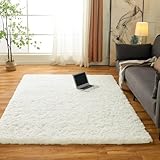 Obundi Teppich Schlafzimmer,Anti-Rutsch Hochflor Teppich für Schlafzimmer,Wohnzimmer,Kinderzimmer Waschbarer Teppich (Elfenbein,60x120 cm)