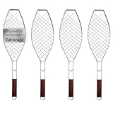 4 x Fisch-Grillhalter Edelstahl groß mit Holzgriff VonBueren | 62,5 x 15,5 cm | Fischgrillgitter | Fischzange zum Grillen | Fischgriller | Grillkorb