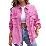 HOTIAN Damen Jeansjacke jeansjacken für damen übergangsjacke damen Vintage Jean Mantel Übergangs Ripped Denim Jacken Pink M