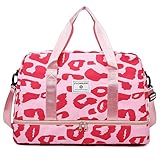 Vllcsla Sporttasche Damen Reisetasche 42.43L, Trainingstasche Damen für Kurze Reisen mit Schuhfach Nassfach, Wochenendtasche Groß Weekender Zebra-Aufdruck Leopard, Wasserdicht, Rosa, C