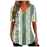 duxyoz Damen-Tops mit V-Ausschnitt, kurzärmelig, Sommer-Tunika, lockere Passform, Henley-Shirt, Knopfleiste, elegant, lässig, trendig, florales Grafik-Shirt, Boho, langes T-Shirt für Leggings, 04 Grün
