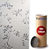 VelVaro Fensterfolie 90x200 cm – Selbsthaftende blickdichte Sichtschutzfolie ohne Kleber, statisch haftend und wiederverwendbar, UV-Schutz für Küche, Bad und Schlafzimmer, Milchglasfolie Blumen-Design