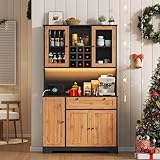 Ligterra Hochschrank, Buffetschrank, Küchenschrank mit Integriertem Gewürzregal, Verstellbaren Einlegeböden, mit Farbwechselnder LED-Beleuchtung & Steckdose, 105×40×180cm (Schwarz+Naturfarbe)