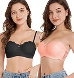 SHEKINI Balconette BH Push up Bügel-BH Trägerloser BH Gepunkteter Spitzen-BH Verstellbare und Abnehmbare Schultergurte 2 Haken 2er Pack(A,85B)